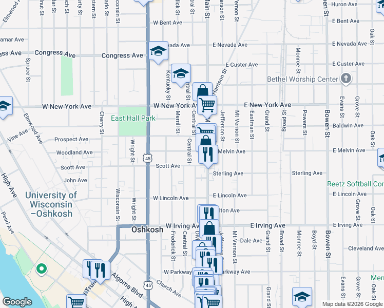 map of restaurants, bars, coffee shops, grocery stores, and more near 114 West Melvin Avenue in Oshkosh