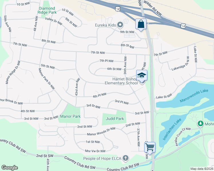 map of restaurants, bars, coffee shops, grocery stores, and more near 3938 5th Street Northwest in Rochester