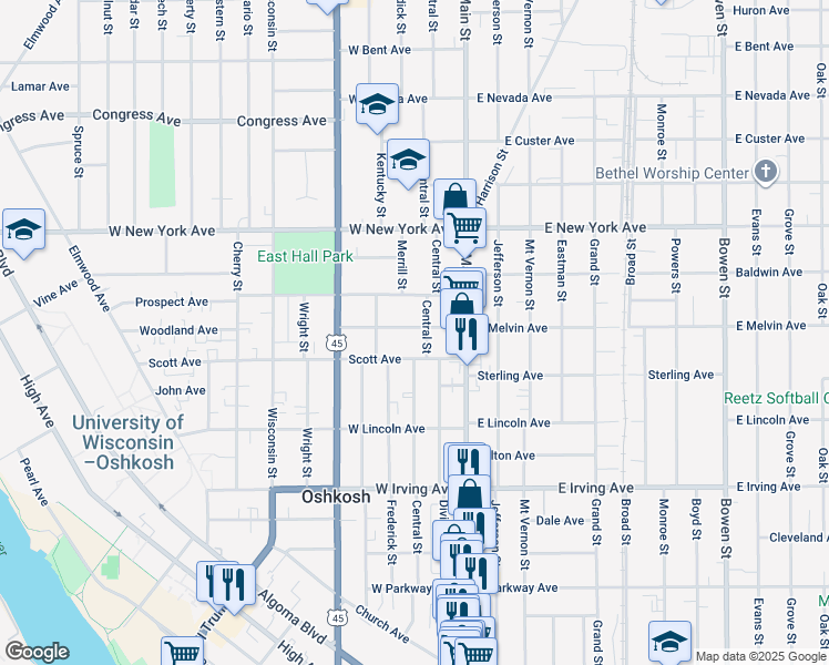 map of restaurants, bars, coffee shops, grocery stores, and more near 109 West Melvin Avenue in Oshkosh