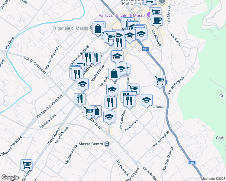 map of restaurants, bars, coffee shops, grocery stores, and more near 44 Viale Stazione in Massa