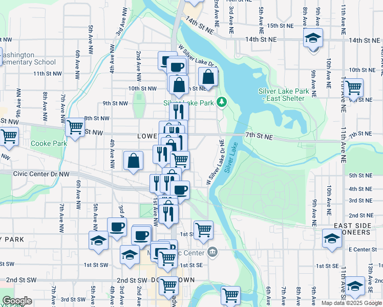 map of restaurants, bars, coffee shops, grocery stores, and more near 580 1st Avenue Northeast in Rochester