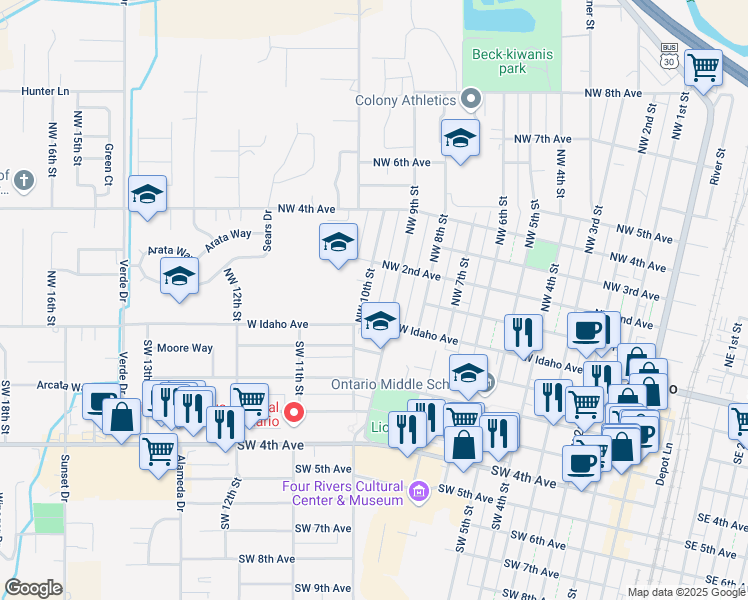 map of restaurants, bars, coffee shops, grocery stores, and more near 99 Northwest 9th Street in Ontario