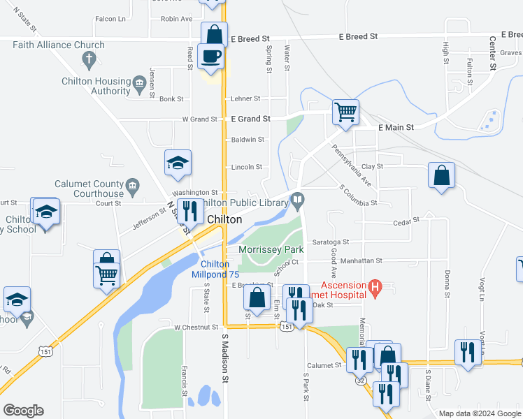map of restaurants, bars, coffee shops, grocery stores, and more near 57 East Main Street in Chilton