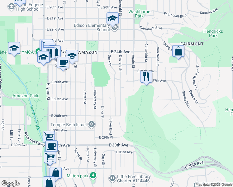 map of restaurants, bars, coffee shops, grocery stores, and more near 2650 Emerald Street in Eugene