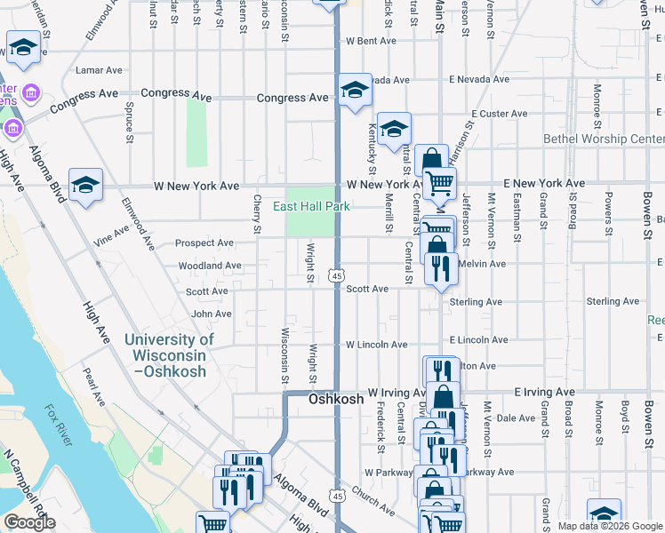 map of restaurants, bars, coffee shops, grocery stores, and more near 928 Wright Street in Oshkosh