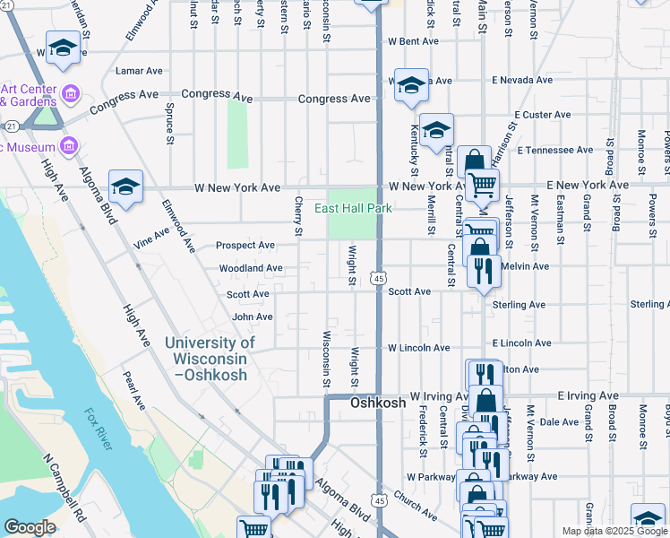 map of restaurants, bars, coffee shops, grocery stores, and more near 1002 Wisconsin Street in Oshkosh