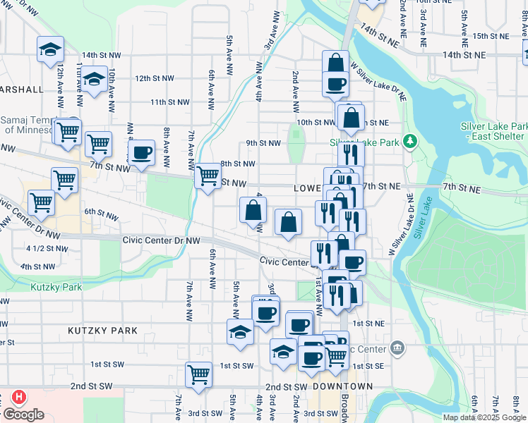 map of restaurants, bars, coffee shops, grocery stores, and more near 821 3rd Avenue Northwest in Rochester