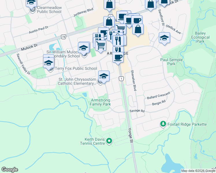map of restaurants, bars, coffee shops, grocery stores, and more near 825 Joe Persechini Drive in Newmarket
