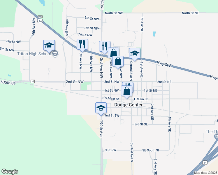 map of restaurants, bars, coffee shops, grocery stores, and more near 104 1st Street Northwest in Dodge Center