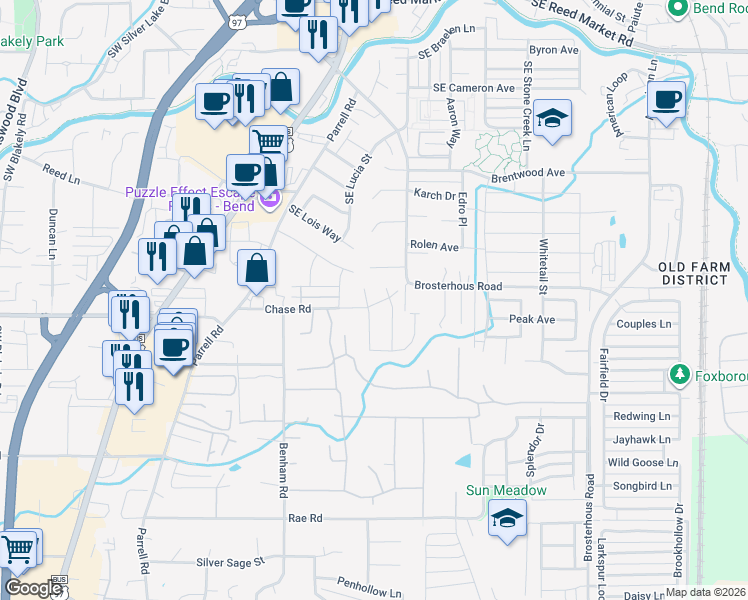 map of restaurants, bars, coffee shops, grocery stores, and more near 61399 Southeast Matthew Street in Bend