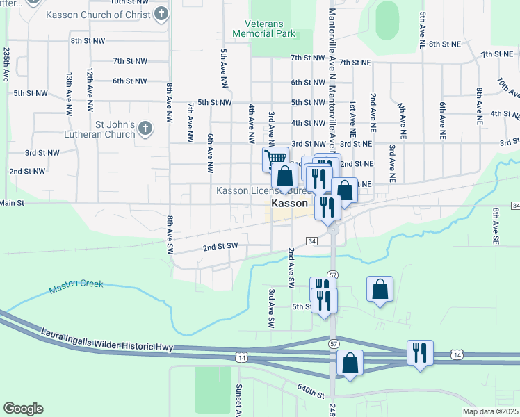 map of restaurants, bars, coffee shops, grocery stores, and more near 304 West Main Street in Kasson