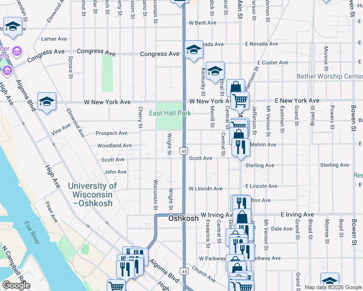 map of restaurants, bars, coffee shops, grocery stores, and more near 928 Wright Street in Oshkosh