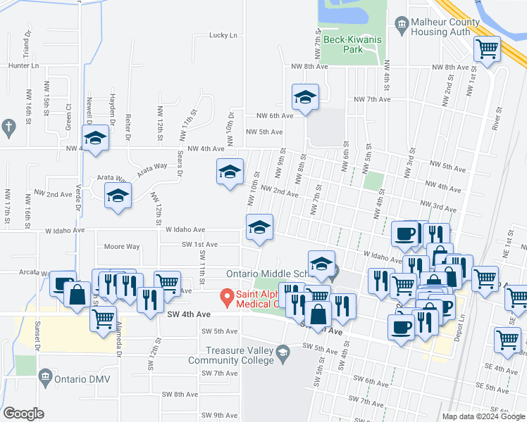 map of restaurants, bars, coffee shops, grocery stores, and more near 99 NW 9th St in Ontario
