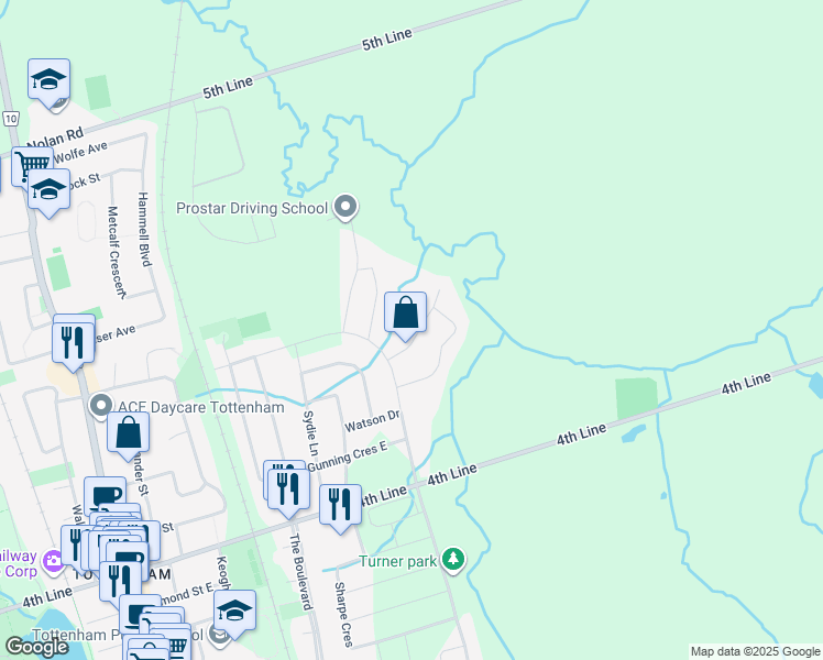 map of restaurants, bars, coffee shops, grocery stores, and more near 16 Roy Road in New Tecumseth