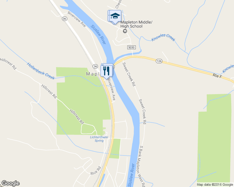 map of restaurants, bars, coffee shops, grocery stores, and more near 87843 Riverview Avenue in Mapleton