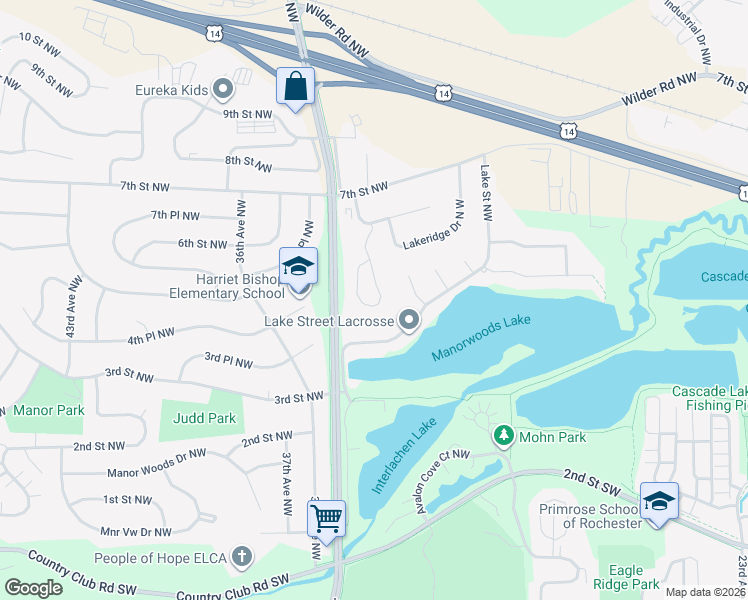 map of restaurants, bars, coffee shops, grocery stores, and more near 694 Panorama Circle Northwest in Rochester