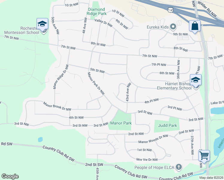 map of restaurants, bars, coffee shops, grocery stores, and more near 4430 4th Place Northwest in Rochester