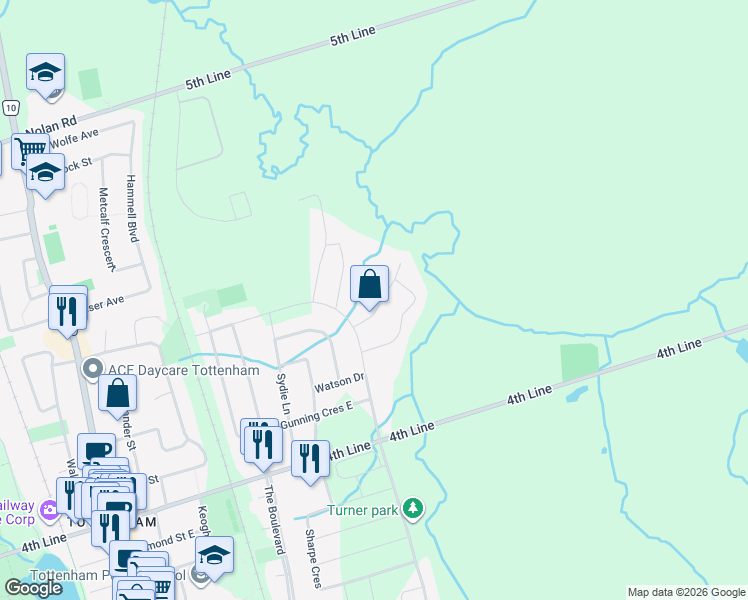 map of restaurants, bars, coffee shops, grocery stores, and more near 30 Roy Road in New Tecumseth