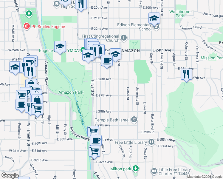 map of restaurants, bars, coffee shops, grocery stores, and more near 2673 Kincaid Street in Eugene