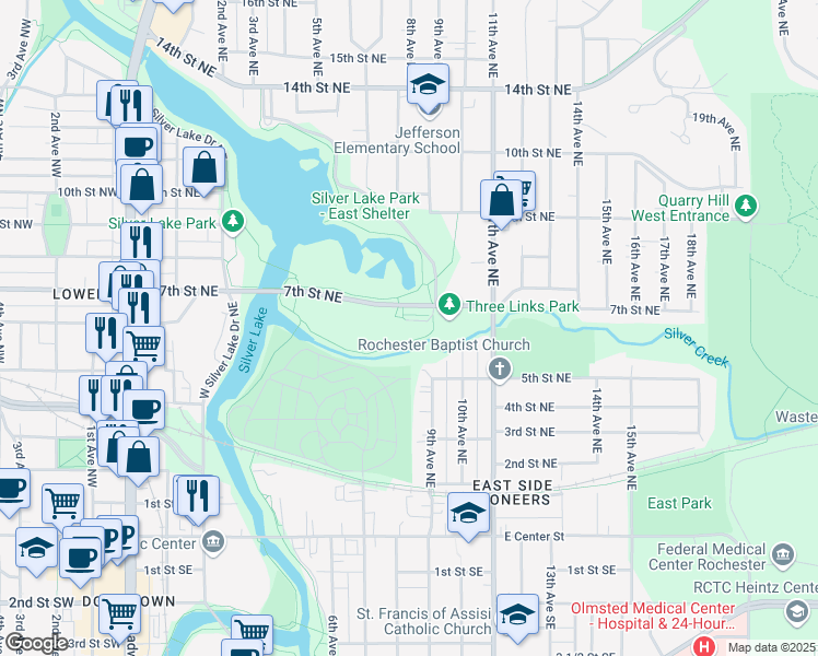 map of restaurants, bars, coffee shops, grocery stores, and more near 804 7th Street Northeast in Rochester