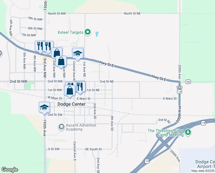 map of restaurants, bars, coffee shops, grocery stores, and more near 124 3rd Avenue Northeast in Dodge Center