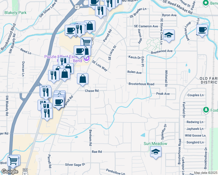 map of restaurants, bars, coffee shops, grocery stores, and more near 61399 Southeast Matthew Street in Bend