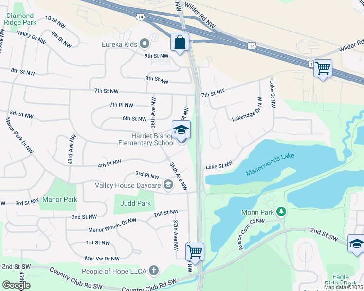map of restaurants, bars, coffee shops, grocery stores, and more near 406 36th Avenue Northwest in Rochester