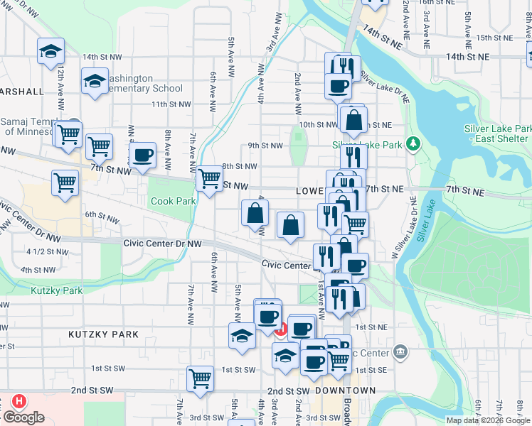 map of restaurants, bars, coffee shops, grocery stores, and more near 821 3rd Avenue Northwest in Rochester