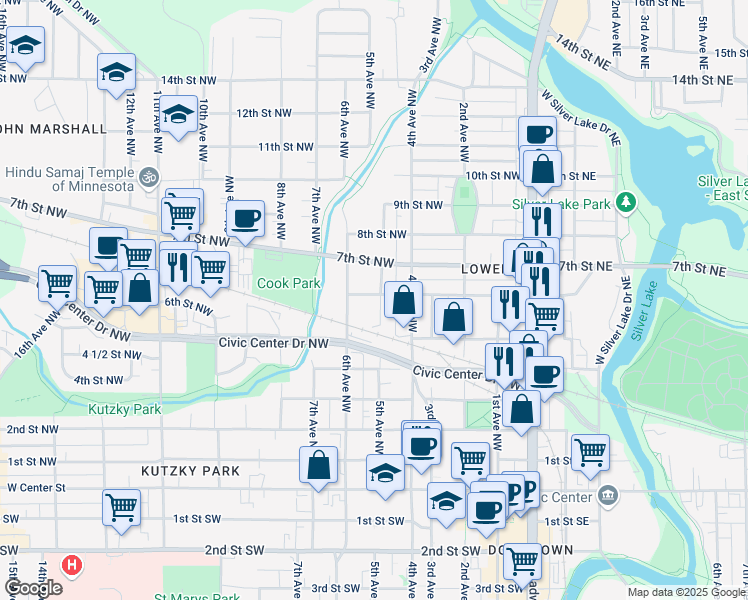 map of restaurants, bars, coffee shops, grocery stores, and more near 538 6th Avenue Northwest in Rochester