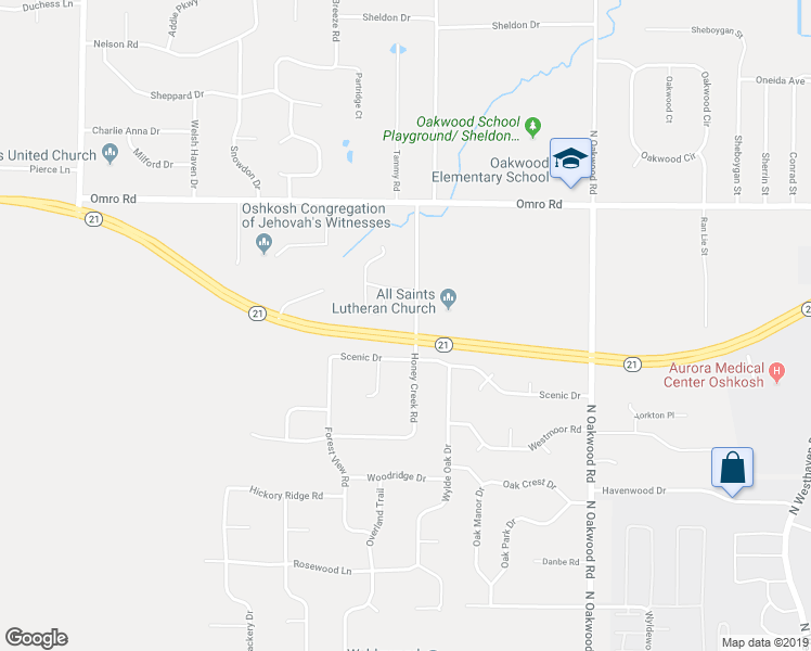 map of restaurants, bars, coffee shops, grocery stores, and more near 1075 Honey Creek Road in Oshkosh