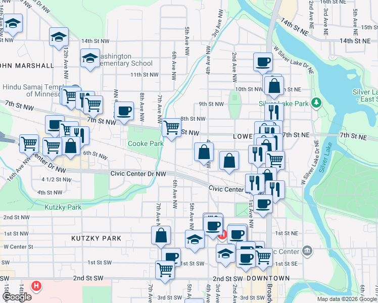 map of restaurants, bars, coffee shops, grocery stores, and more near 537 5th Avenue Northwest in Rochester