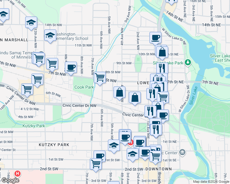 map of restaurants, bars, coffee shops, grocery stores, and more near 532 6th Street Northwest in Rochester