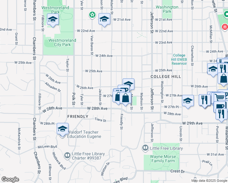 map of restaurants, bars, coffee shops, grocery stores, and more near 2655 Adams Street in Eugene