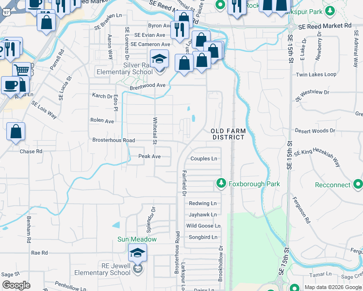 map of restaurants, bars, coffee shops, grocery stores, and more near 61423 American Lane in Bend