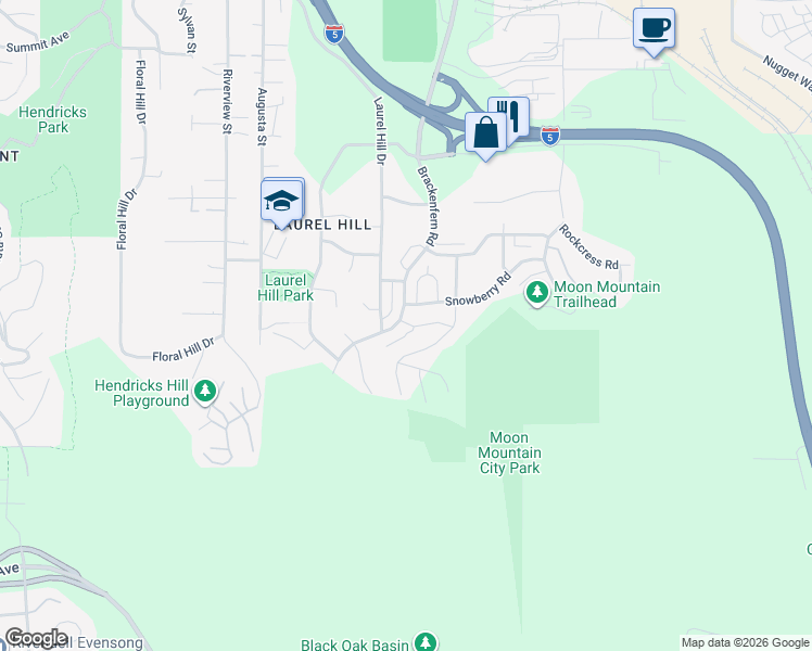 map of restaurants, bars, coffee shops, grocery stores, and more near 3409 Snowberry Road in Eugene