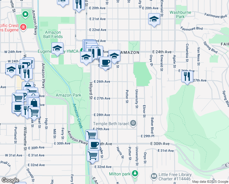 map of restaurants, bars, coffee shops, grocery stores, and more near 2654 Harris Street in Eugene