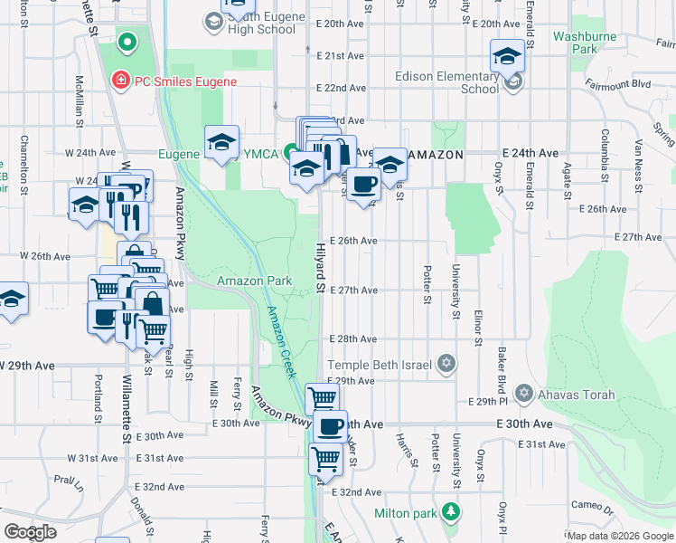 map of restaurants, bars, coffee shops, grocery stores, and more near 2653 Hilyard Street in Eugene