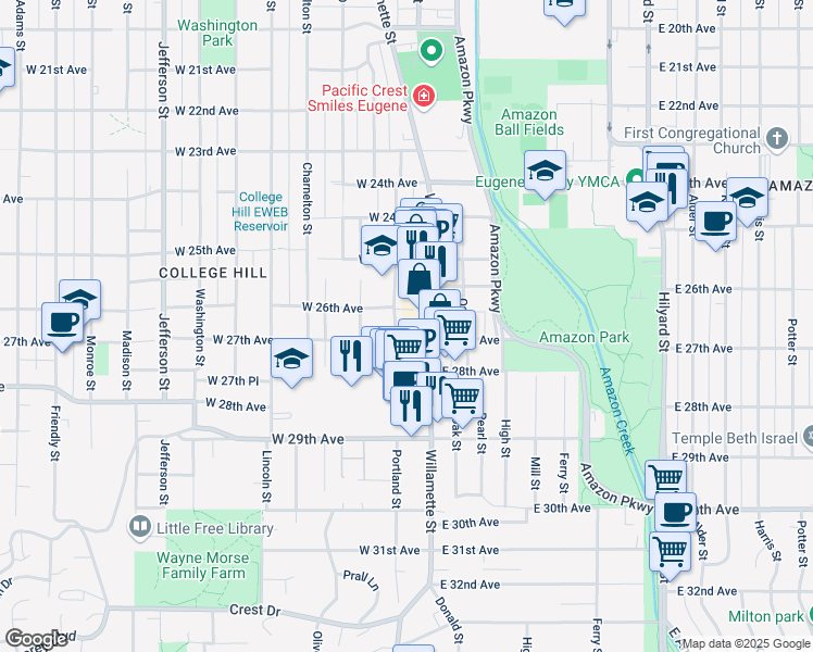map of restaurants, bars, coffee shops, grocery stores, and more near 2633 Portland Street in Eugene