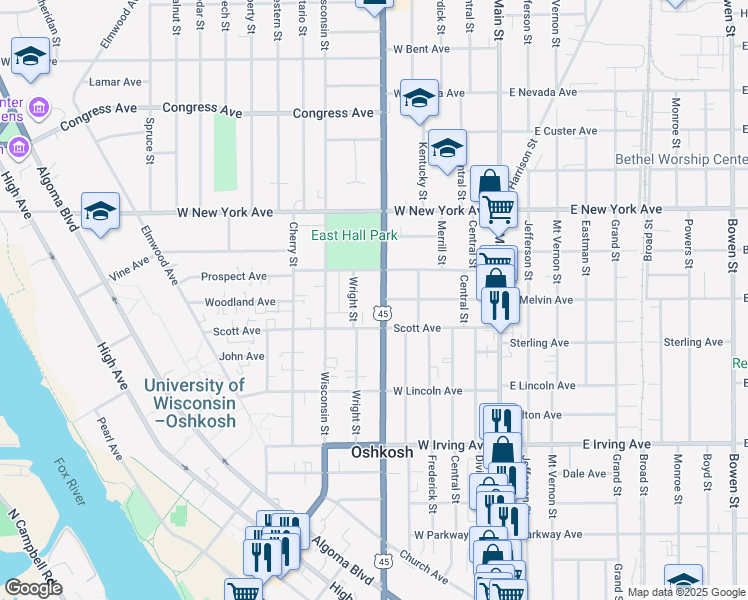 map of restaurants, bars, coffee shops, grocery stores, and more near 928 Wright Street in Oshkosh