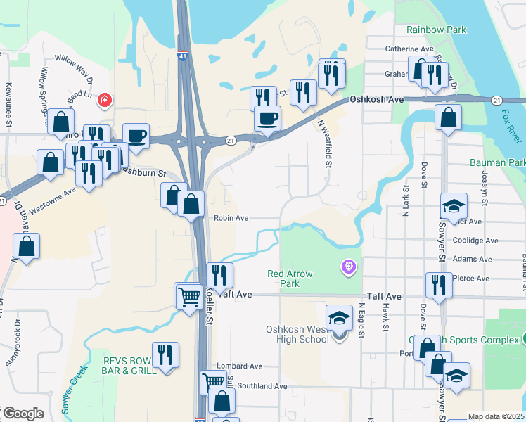 map of restaurants, bars, coffee shops, grocery stores, and more near 1780 Robin Avenue in Oshkosh