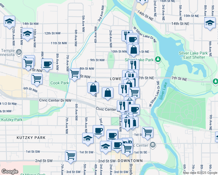 map of restaurants, bars, coffee shops, grocery stores, and more near 203 6th Street Northwest in Rochester