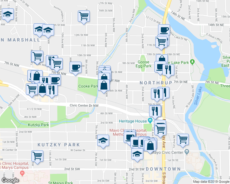 map of restaurants, bars, coffee shops, grocery stores, and more near 538 6th Avenue Northwest in Rochester