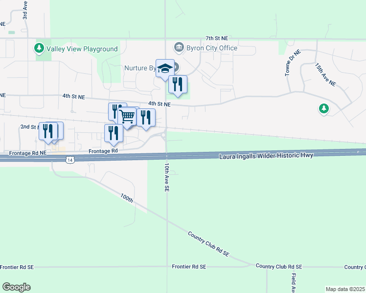 map of restaurants, bars, coffee shops, grocery stores, and more near 1042 1st Street Northeast in Byron