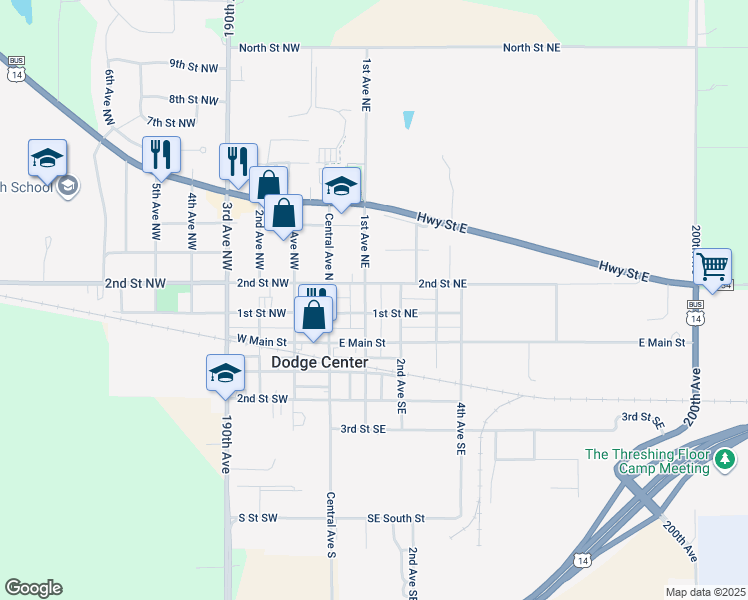 map of restaurants, bars, coffee shops, grocery stores, and more near 106 1st Avenue Northeast in Dodge Center