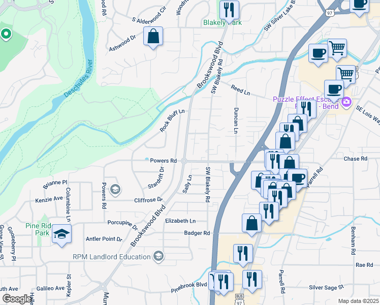 map of restaurants, bars, coffee shops, grocery stores, and more near 61395 Sunbrook Drive in Bend