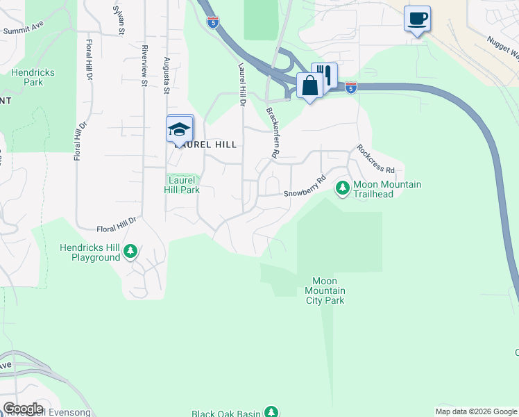 map of restaurants, bars, coffee shops, grocery stores, and more near 3409 Snowberry Road in Eugene