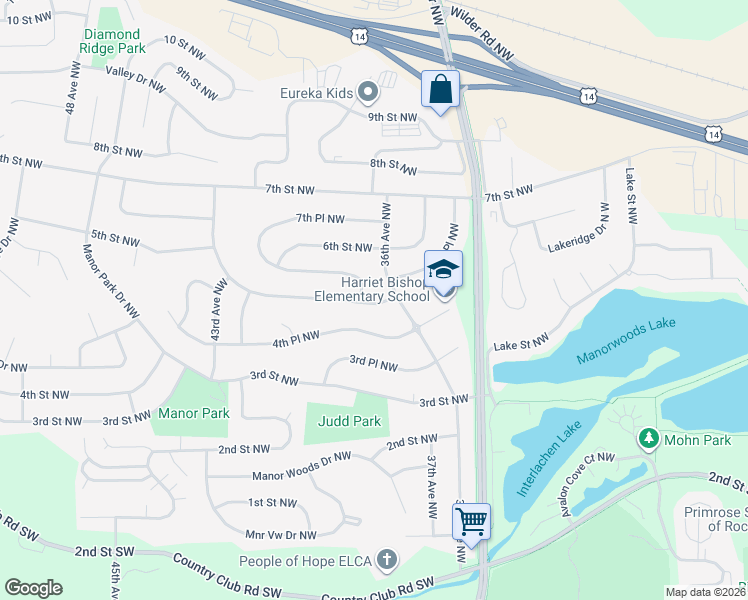 map of restaurants, bars, coffee shops, grocery stores, and more near 3905 5th Street Northwest in Rochester
