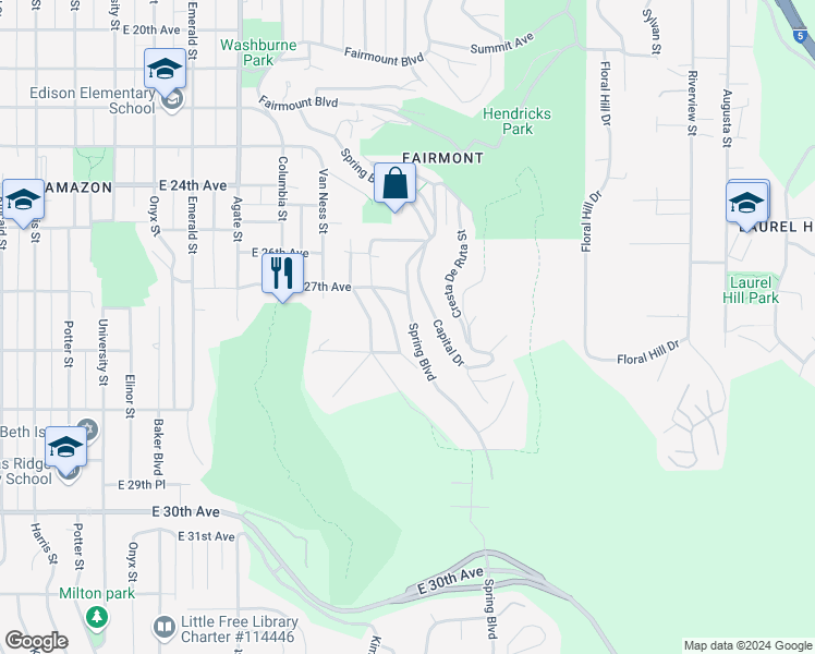 map of restaurants, bars, coffee shops, grocery stores, and more near 2766 Spring Boulevard in Eugene