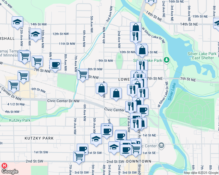 map of restaurants, bars, coffee shops, grocery stores, and more near 821 3rd Avenue Northwest in Rochester