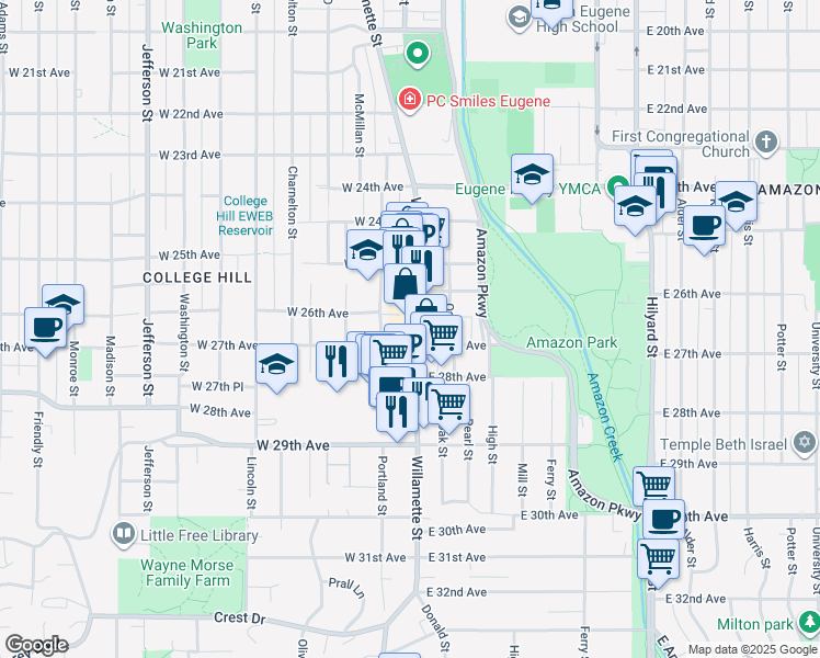 map of restaurants, bars, coffee shops, grocery stores, and more near 2633 Portland Street in Eugene